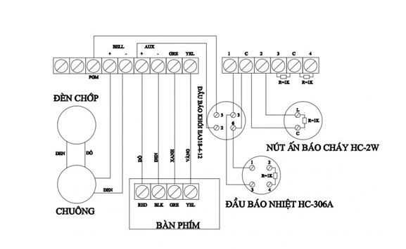 Sơ đồ đấu nối chuông báo cháy trong hệ thống báo cháy